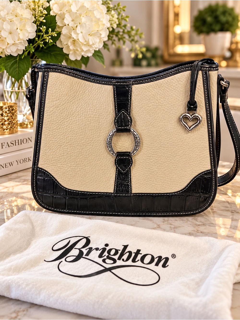 Brighton Black and Beige Leather Crossbody with Heart Charm